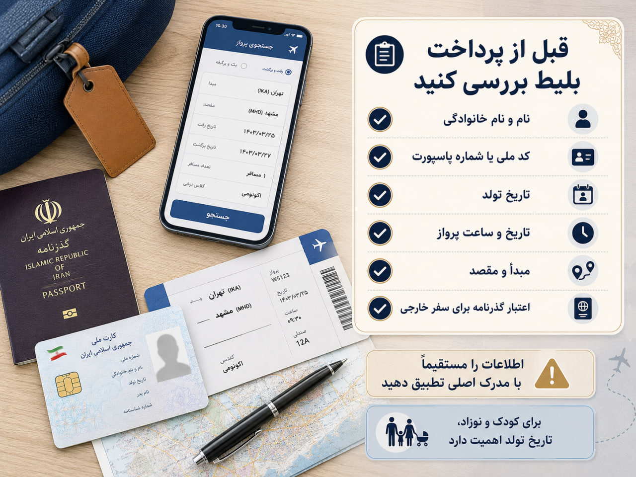 قبل از پرداخت بلیط این اطلاعات را دوباره بررسی کنید
